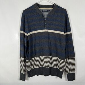 Nautica Henley Sweater Mens Size Medium Gray Blue Striped Blade Collar Logo